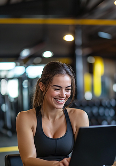 Personal trainer mulher contente utilizando um notebook.