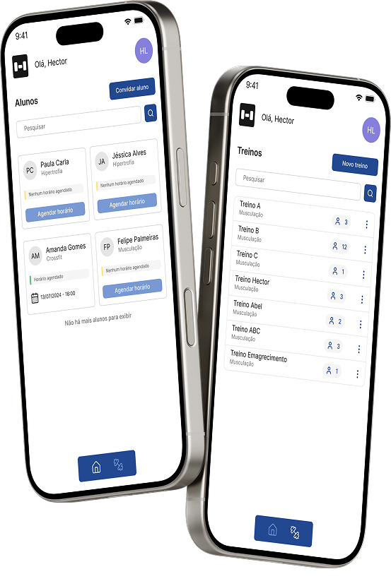Dois dispositivos móveis utilizando o sistema Fitset como personais, com uma lista de alunos e treinos