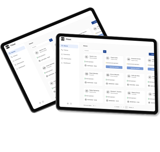 Dois tablets rodando o sistema Fitset para gerenciar alunos