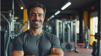 Personal trainer homem de braços cruzados e um sorriso no rosto, dentro de uma academia.