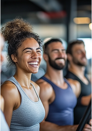 Três personal trainers dentro de uma academia, alegres e com um tablet na mão.