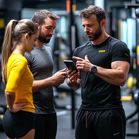 Personal ajudando seus alunos em uma academia utilizando o Fitset